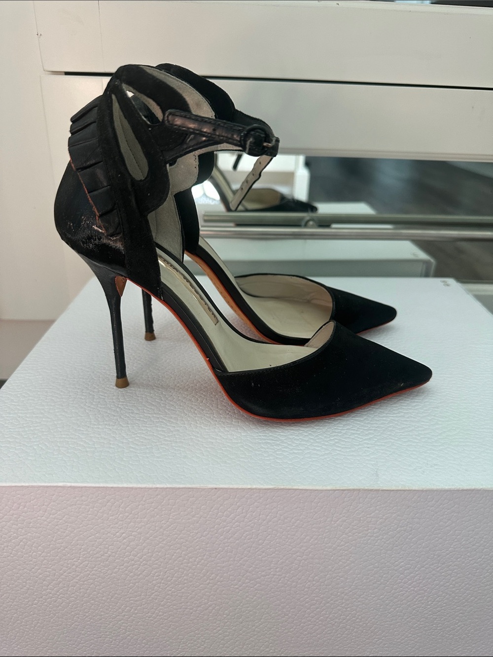 Sophia Webster Black ruffled Pointed Suede Ankle-Strap Stilettos